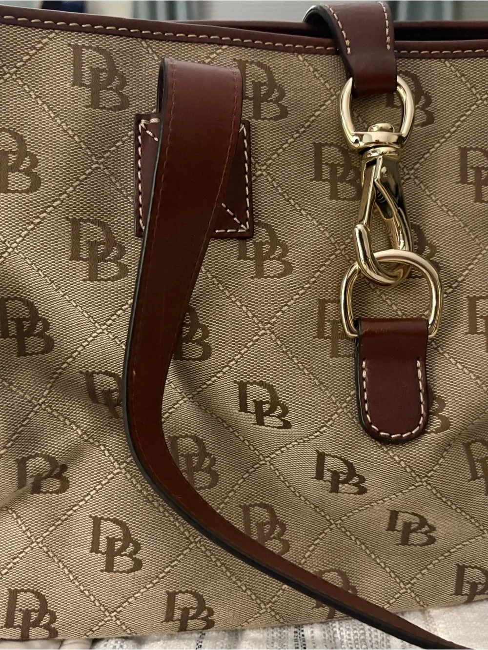 Dooney & Bourke Tan/Brown Signature Jacquard Tote with Leather Trim